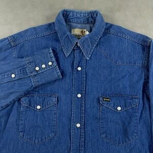 Vintage Denim Western Shirt Mens L Blue MAVERICK Pearl Snap Long Tail USA 70s